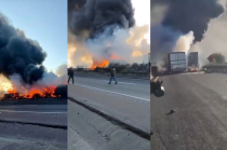 Dos unidades de carga chocaron por alcance en la autopista Arco Norte, lo que provocó un incendio y el cierre total de la circulación.