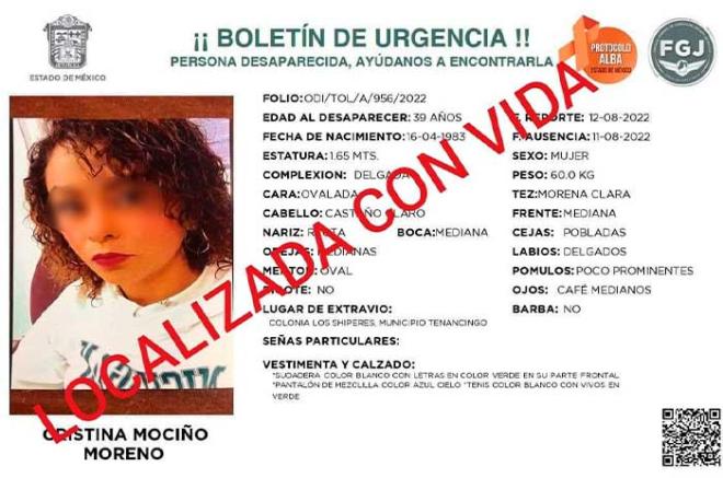 La mujer ya fue ubicada y lo confirmó el propio director de Seguridad Pública Municipal de Tenancingo.