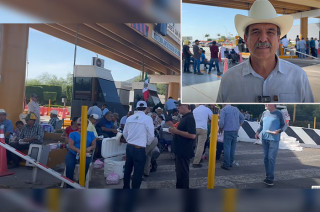 Los integrantes de Campesinos Unidos Sinaloa mantienen por el momento abierta la caseta de Cuatro Caminos, en Guasave, como parte de una protesta pacífica.