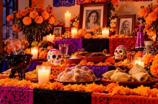 La ofrenda de Día de Muertos reúne flores de cempasúchil, veladoras, alimentos y fotografías para honrar la memoria de los seres queridos fallecidos.
