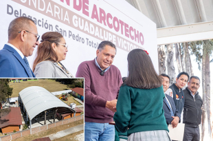 Ricardo Moreno, presidente municipal de Toluca, durante la entrega de arcotechos en escuelas de educación básica del municipio.