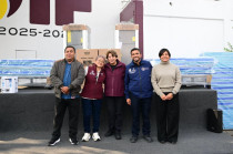 Delfina Gómez Álvarez durante la entrega de apoyos a familias afectadas por lluvias