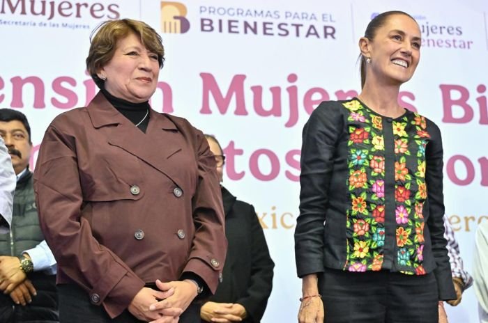 La presidenta Claudia Sheinbaum y la gobernadora Delfina Gómez durante la puesta en marcha del Plan Integral de la Zona Oriente del Estado de México.