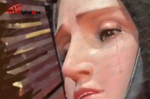 Imagen de la Virgen de los Dolores con aparentes lágrimas en el rostro
