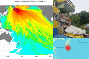 Mapa de la península de Kamchatka y zonas afectadas por el terremoto de magnitud 8.7
