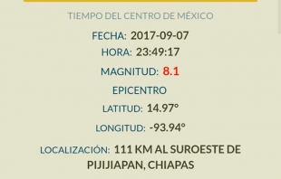 Sismo de 8.1 grados, con epicentro al sureste de Tonalá Chiapas