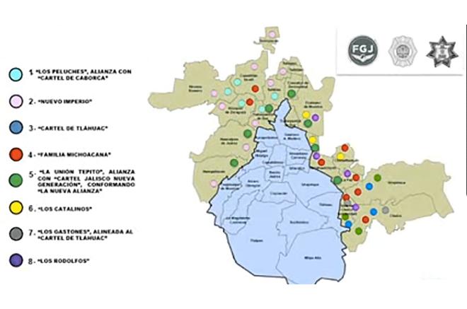 Los grupos identificados fueron Los Peluches, Nuevo Imperio, Cártel de Tláhuac, La Familia Michoacana, La Unión Tepito, Los Catalinos, Los Gastones y Los Rodolfos.