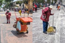 Personal de Servicios Públicos de Toluca realizó labores de limpieza en la Plaza de los Mártires y calles aledañas tras los festejos patrios.