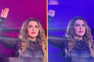 La exvocalista de Grupo Límite levantó la mano derecha con la palma abierta, luego mostró cuatro dedos con el pulgar escondido y, finalmente, bajó los cuatro dedos sobre el pulgar, sin decir una palabra.