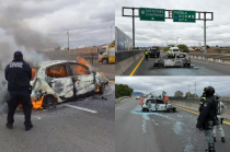 Vehículo completamente calcinado quedó atravesado en ambos carriles del Circuito Exterior Mexiquense